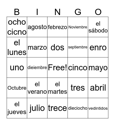 Calendar item Vocabulary Bingo Card