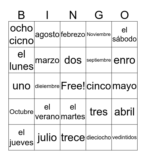 Calendar item Vocabulary Bingo Card