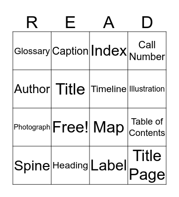 Parts of a Book Bingo Card