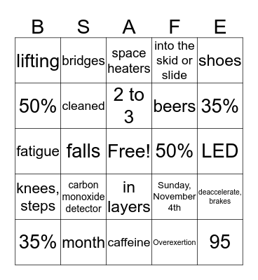 Winter Safety Bingo Card