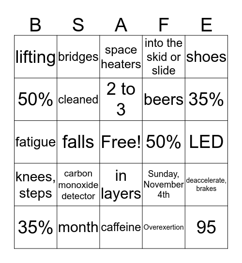 Winter Safety Bingo Card