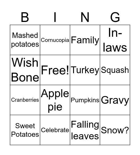 ThanksgivingBingo Card