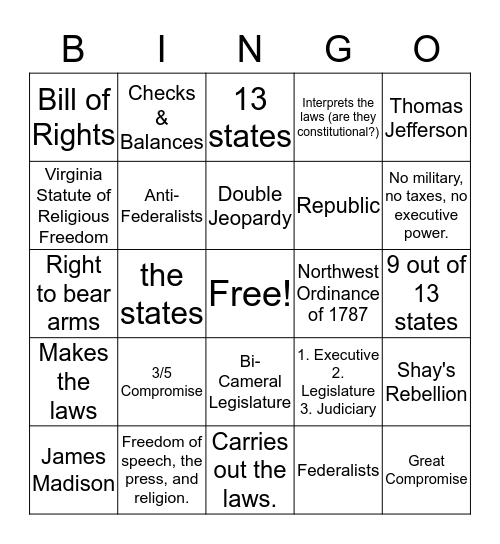 Articles of Confederation and Constitution Bingo Card