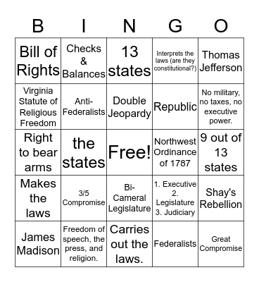 Articles of Confederation and the Constitution Bingo Card