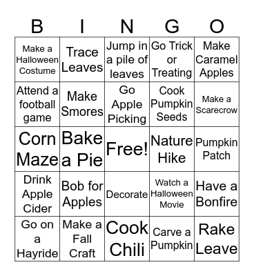 FALL ACTIVITIES Bingo Card