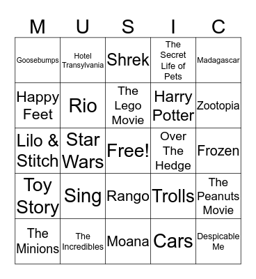 Kids Movie Music Bingo Card