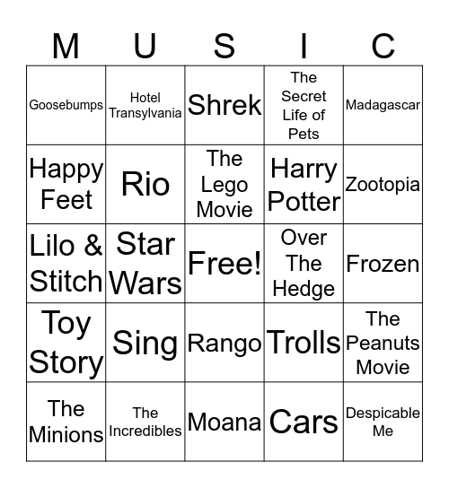 Kids Movie Music Bingo Card