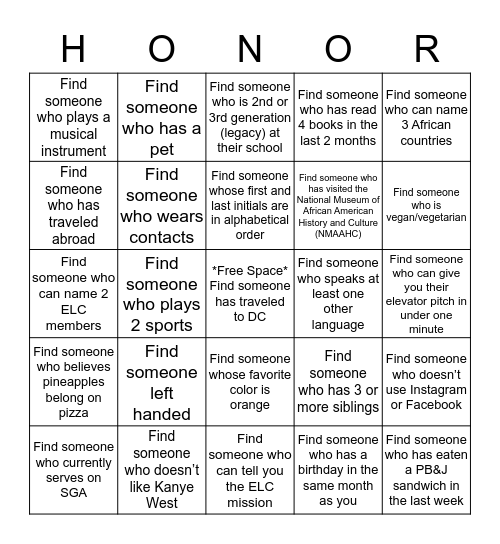 ELC Scholar Bingo Card