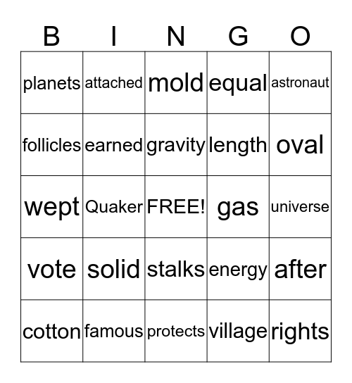 3rd Grade  L. 2.0 George Wash Carver Bingo Card