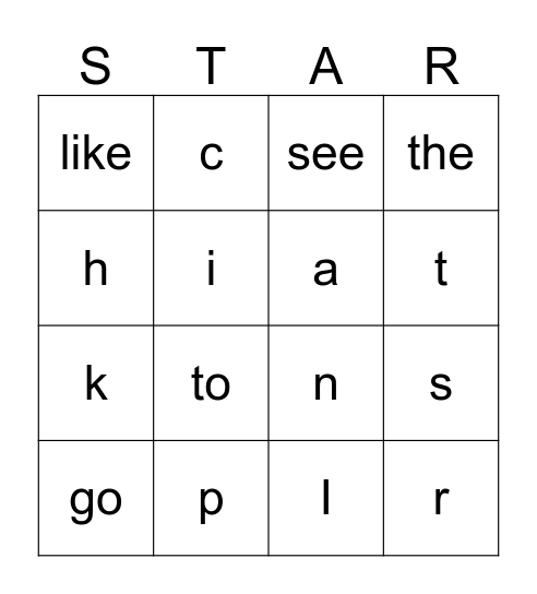 Kindergarten STAR Bingo Card