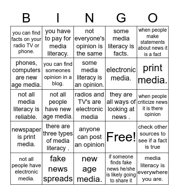 media literacy Bingo Card