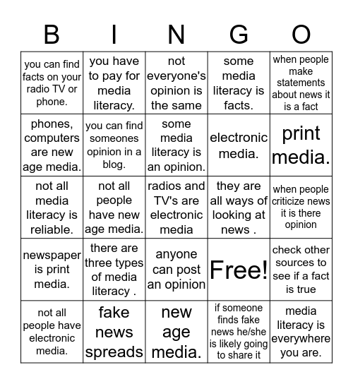 media literacy Bingo Card