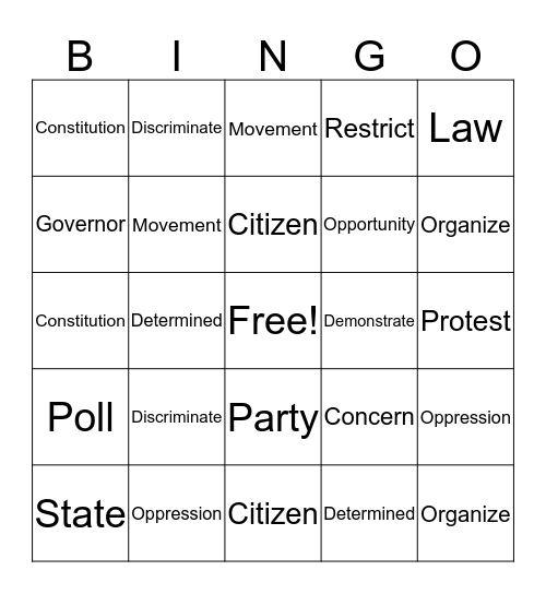 5th Grade Unit 1 Government Bingo Card