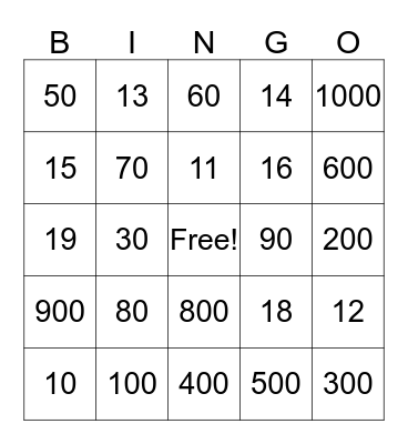 Numeros Bingo Card