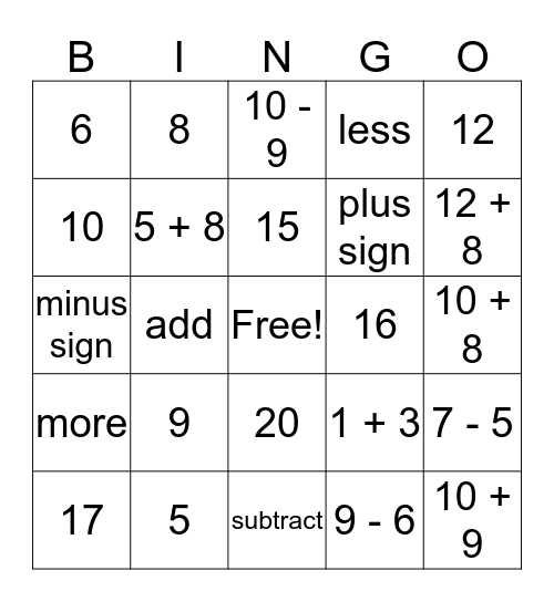 add/subtract Bingo Card
