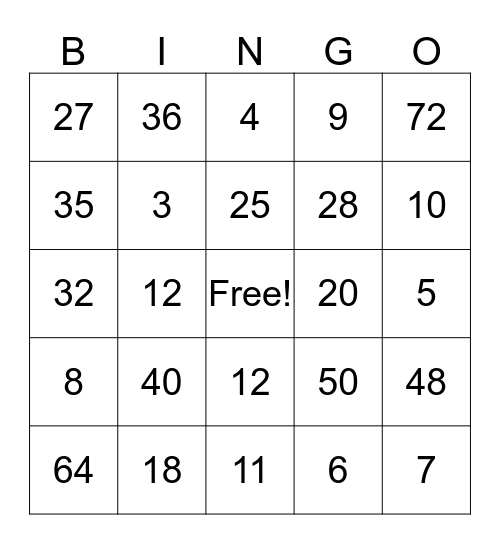 Multiplication Bingo Card