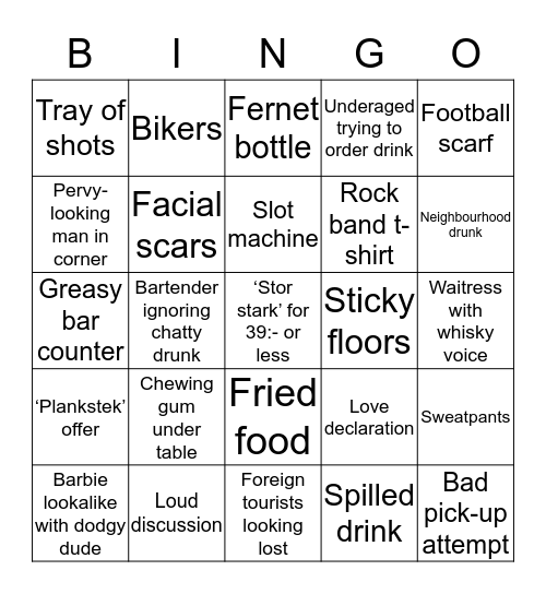 Dive Bar Bingo! Bingo Card