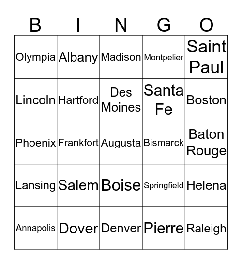 United States Capitals Bingo Card