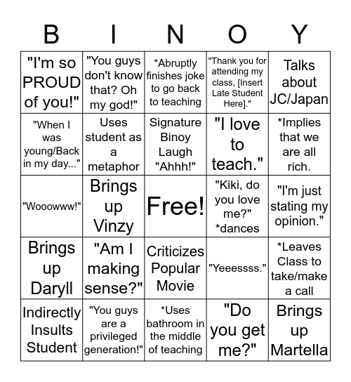 Binoy Bingo Card Bingo Card