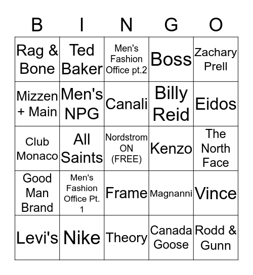 Men's Live Bingo Card