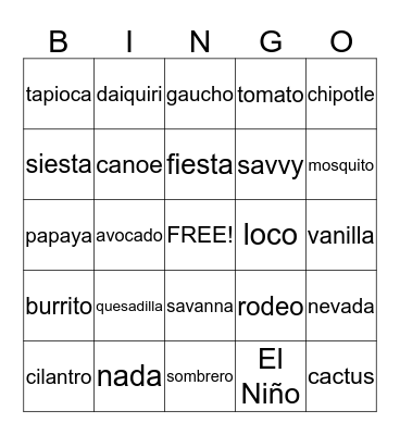 ENGLISH words, SPANISH origin Bingo Card