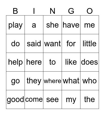 Kindergarten Sight Words Bingo Card
