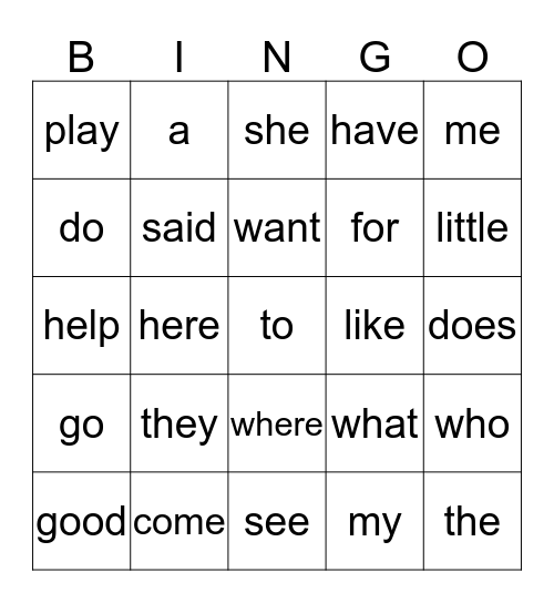 Kindergarten Sight Words Bingo Card