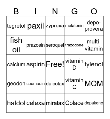 Medication Education Bingo Card