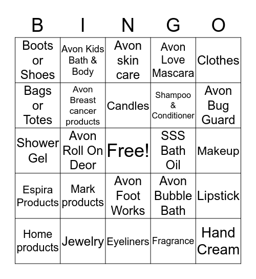 AVON by Sherry Bingo Card Bingo Card