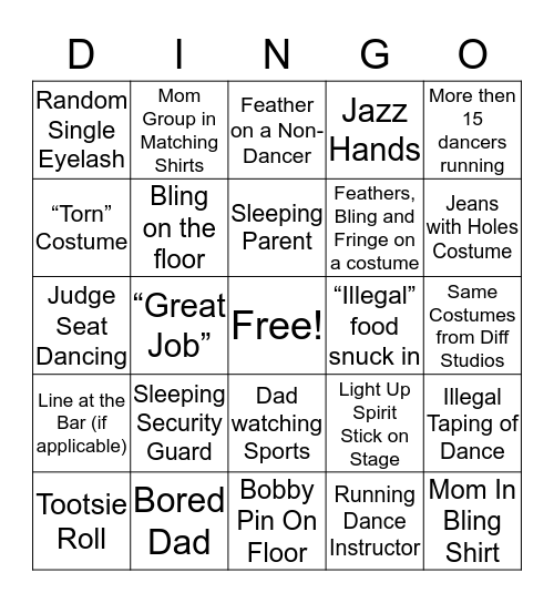 Dance Competition Bingo Card