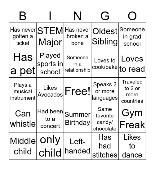 Get To Know You... Bingo Card