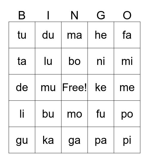 Pinyin Bingo 1 Bingo Card