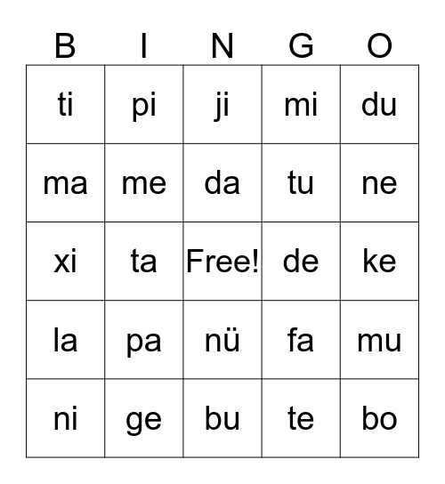 Pinyin Bingo 2 Bingo Card