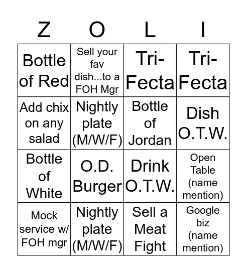 Zoli B-I-N-G-O Bingo Card
