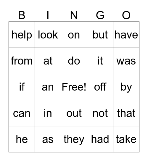 Sight Word Bingo Card