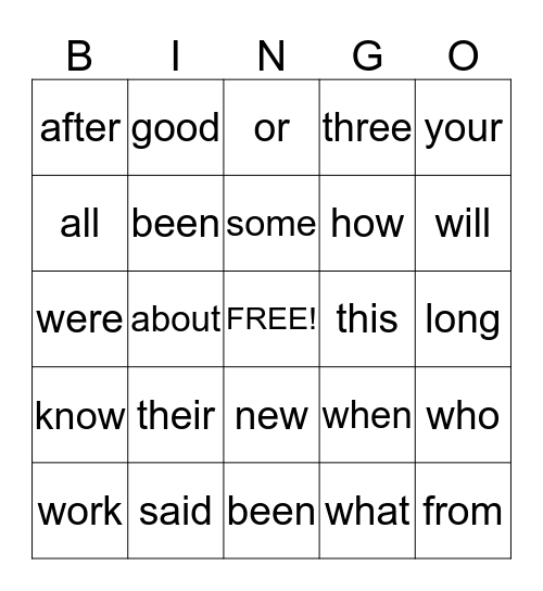 Sight Words Bingo Card