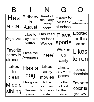 1st day Bingo Card