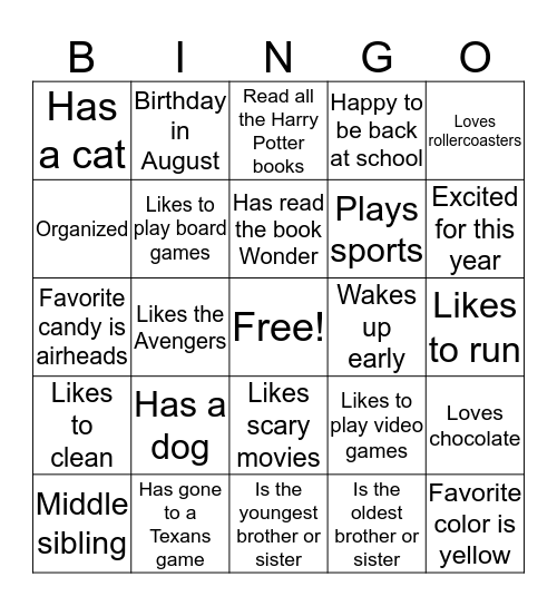1st day Bingo Card