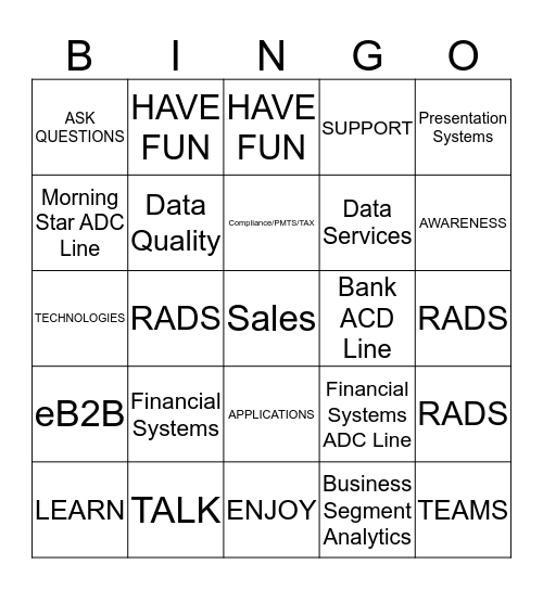 Team Time Event Bingo Card