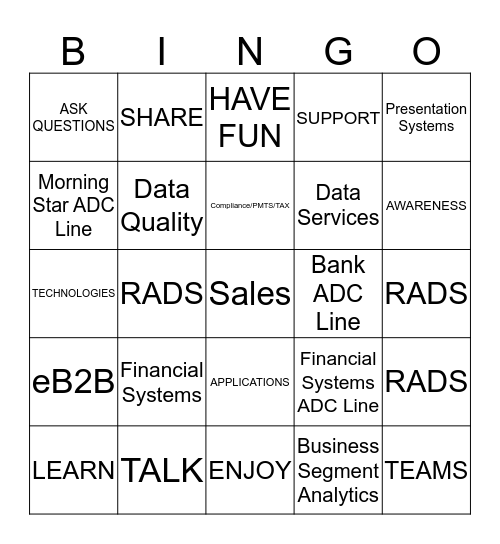 Team Time Event Bingo Card