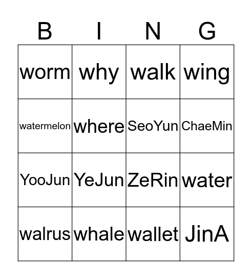 'W' Words Bingo Card