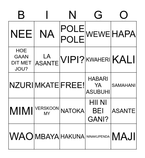 SWAHILI BINGO Card