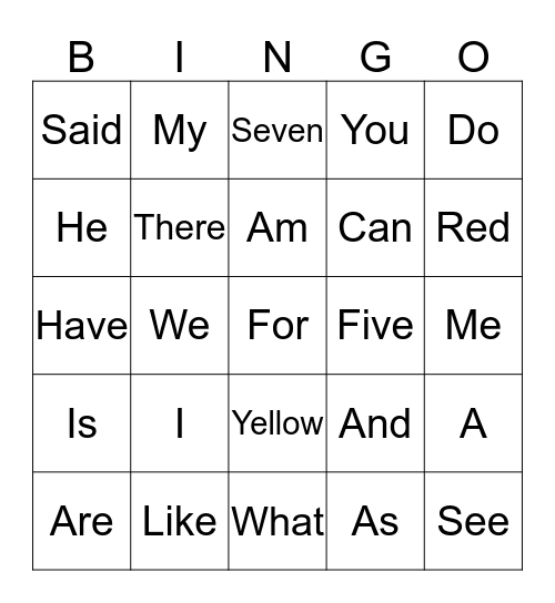 Sight words Bingo Card