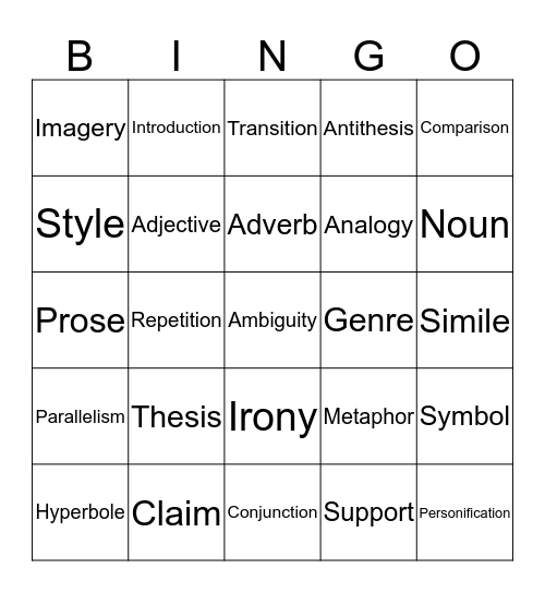 Exalted Easy English Bingo Card