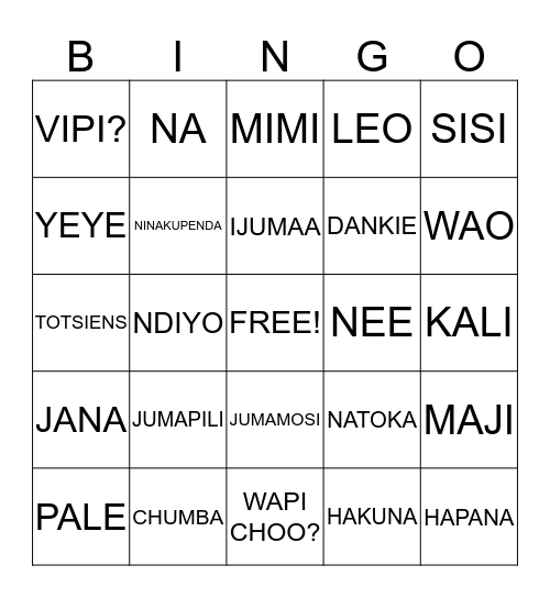 SWAHILI BINGO Card