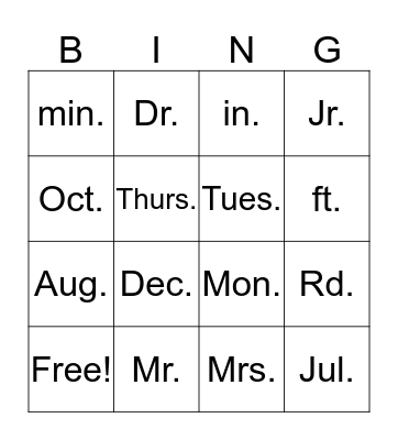 Abbreviations Bingo Card