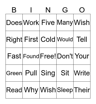 Sight Words Bingo Card