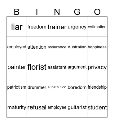 SUFFIX Bingo Card