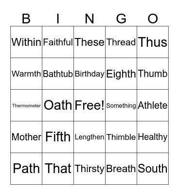 ‘Th’ Sounds Bingo Card