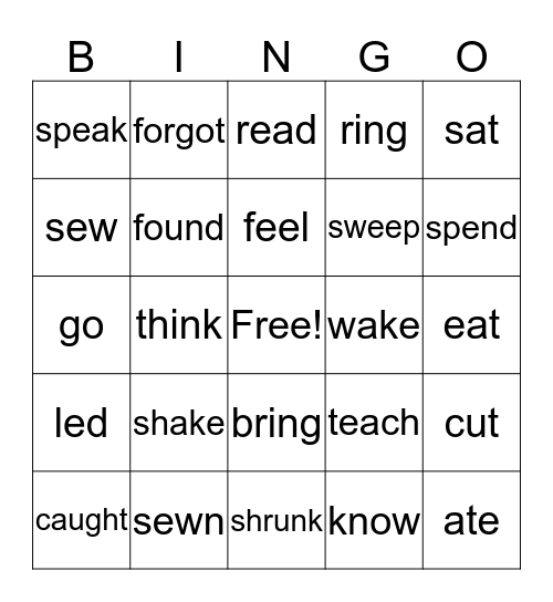 Irregular Verbs Bingo Card